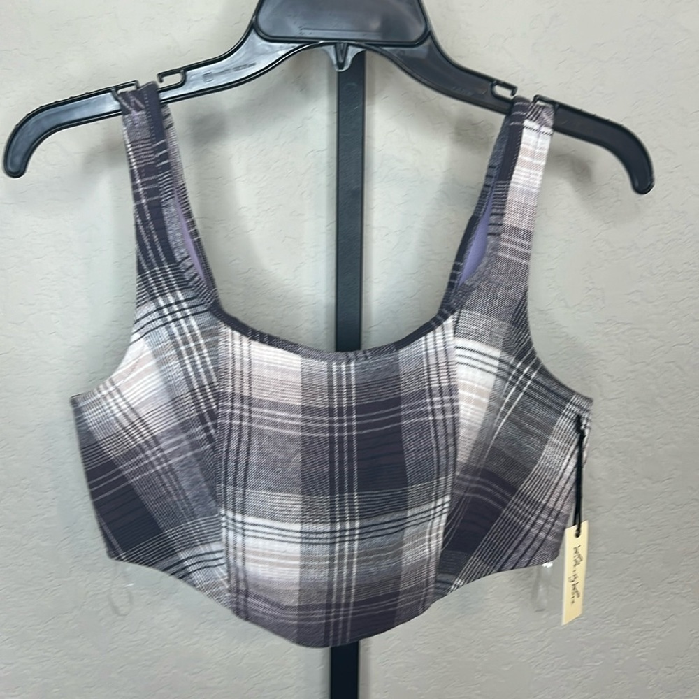 070 - Liberty Love NWT Purple, Gray Plaid Crop Top Size Large